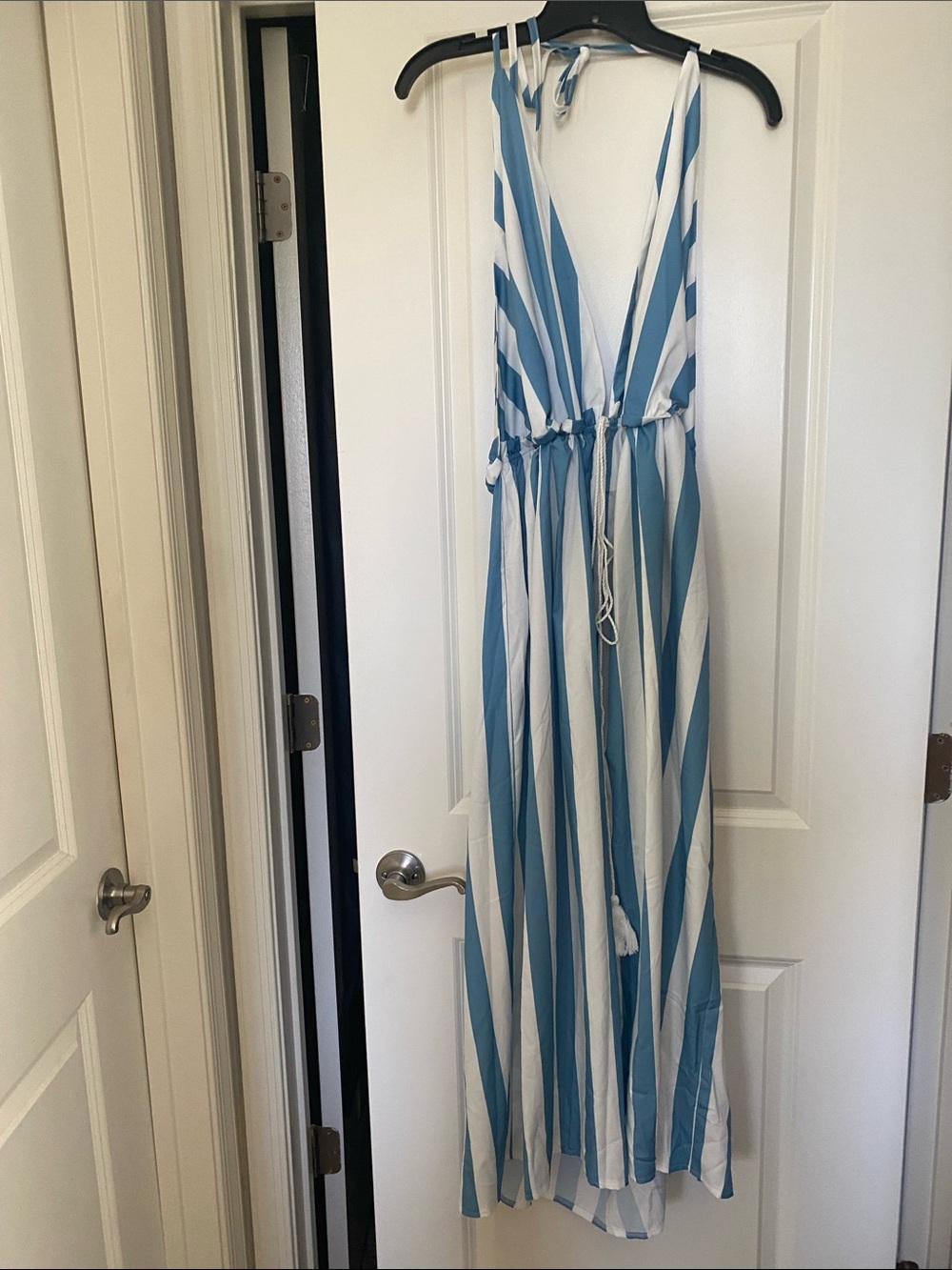 SHEIN Blue and White Striped Backless Maxi Dress